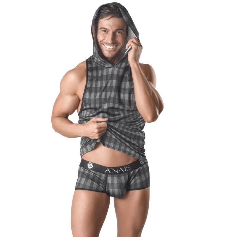 Aansluitende en elastische tanktop met capuchon en ruitpatroon in grijstinten ANAIS