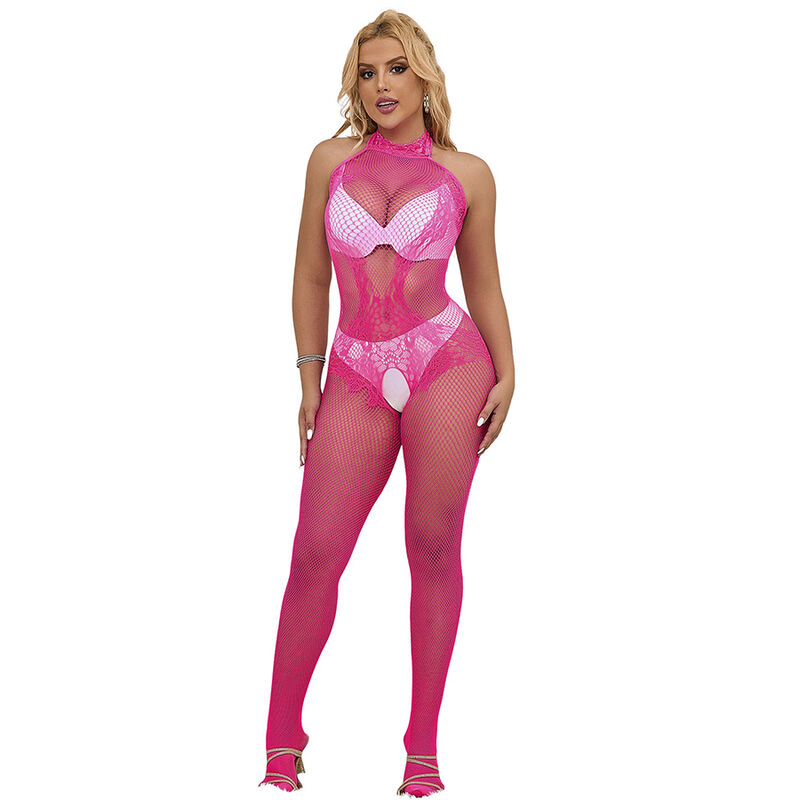 SUBBLIME roze bodystocking met visnet en kant