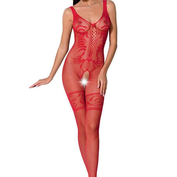 Rode bodystocking van netstof met opening in het kruis en elastische stof PASSION
