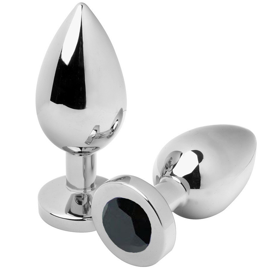 METAL HARD zwarte stalen buttplug met kristal